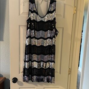 R & M Richards Black and Silver Sequin Mini Dress